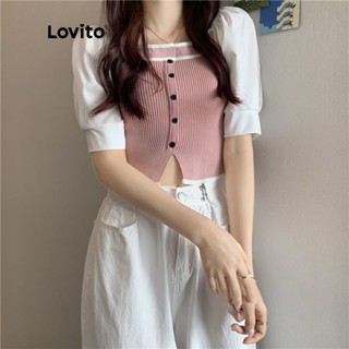 Lovito เสื้อถัก แขนพอง คอเหลี่ยม สีคัลเลอร์บล็อก กระดุมติดด้านหน้า สีพื้น สไตล์ลำลอง สำหรับผู้หญิง LNE02054 (สีชมพู/สีดำ)