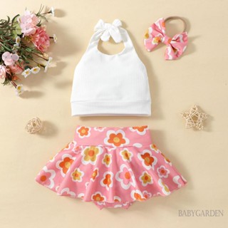 Babygarden-6m-4y ชุดเสื้อผ้าเด็กผู้หญิง, เสื้อกล้ามคล้องคอ เปิดหลัง + กระโปรง พิมพ์ลายดอกไม้ + ที่คาดผม