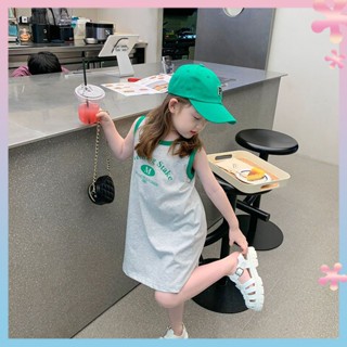 Cotton children and girls children and children 2023 Summer new stitching color-inserted round neck vest sleeveless T-shirt dress