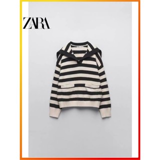 Zara ใหม่ เสื้อกันหนาว คอปก แขนยาว ลายทาง สีกรมท่า สําหรับผู้หญิง 4938123 066