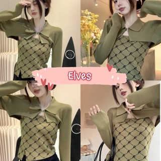 Elves✨พร้อมส่ง✨ เซ็ตเสื้อสายเดี่ยว+เสื้อคลุมไหมพรม ลายตัวอักษร RR ใส่สบายมาก ~68116+68116-1~