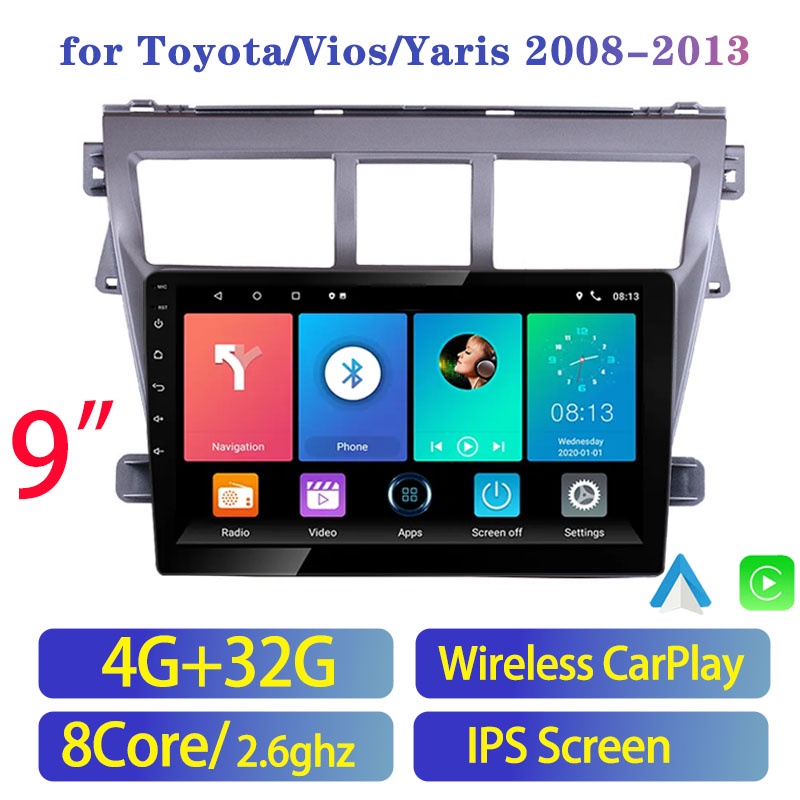 [4G+32G 8core ] Android จอแอนดรอยด์ติดรถยนต์  2 DIN 9 นิ้ว สําหรับ Toyota Vios Yaris 2008-2013 Andoird Player รองรับ Apple Carplay WIFI GPS BT EQ