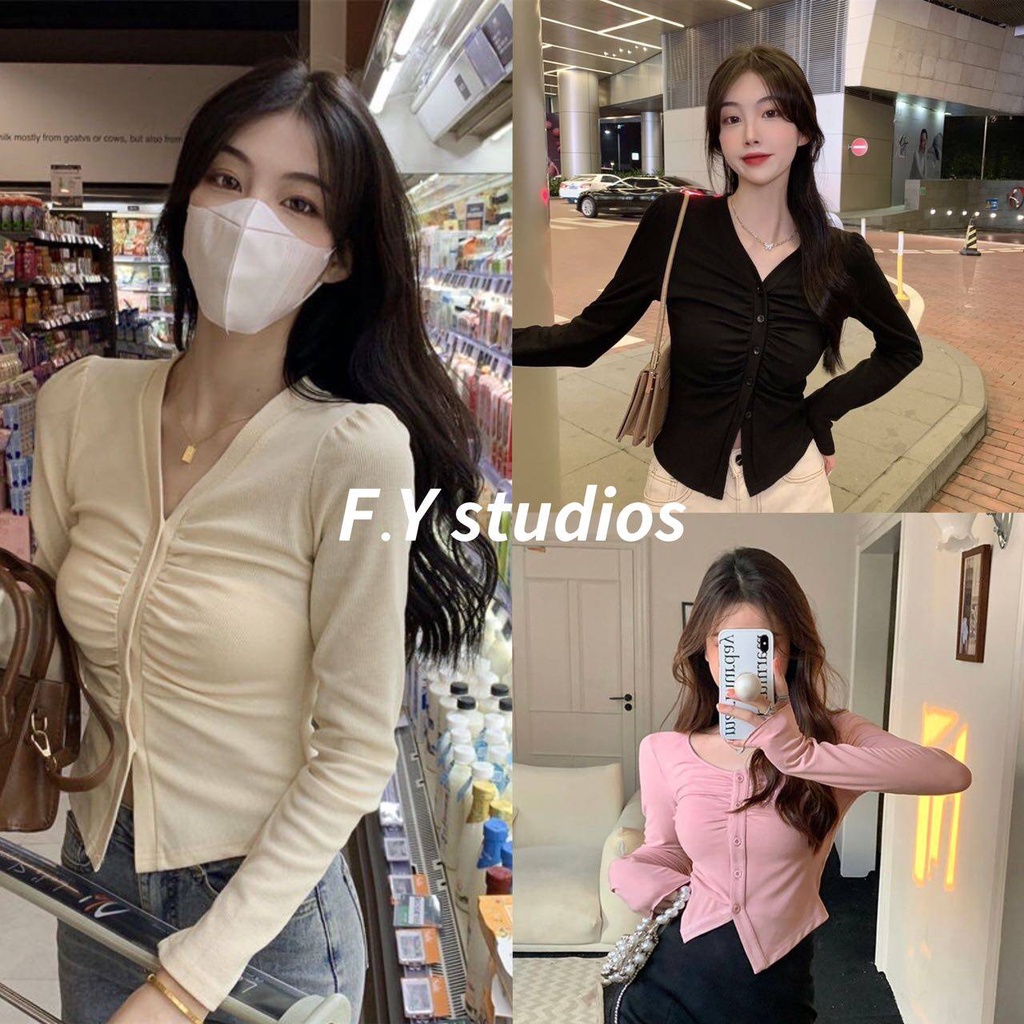 . พร้อมส่งจากไทย NO.245 เสื้อยืดแขนยาวทรงเข้ารูปเสื้อตัวสั้นคอวีดีไซน์ใหม่สำหรับผู้หญิง