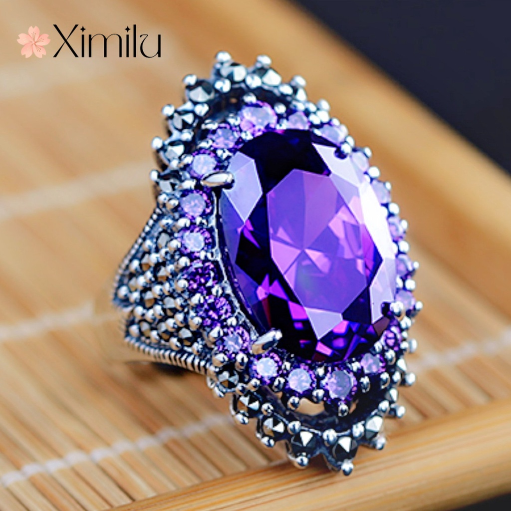 ♥แหวนอเมทิสต์ ประดับคริสตัล ขนาดใหญ่ สีดํา สีม่วง สไตล์เรโทร ของแท้ สําหรับผู้หญิง