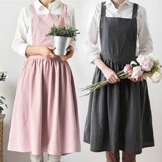 Womens Linen Cotton With Pocket Long Apron Pinafore Dress Casual Workwear