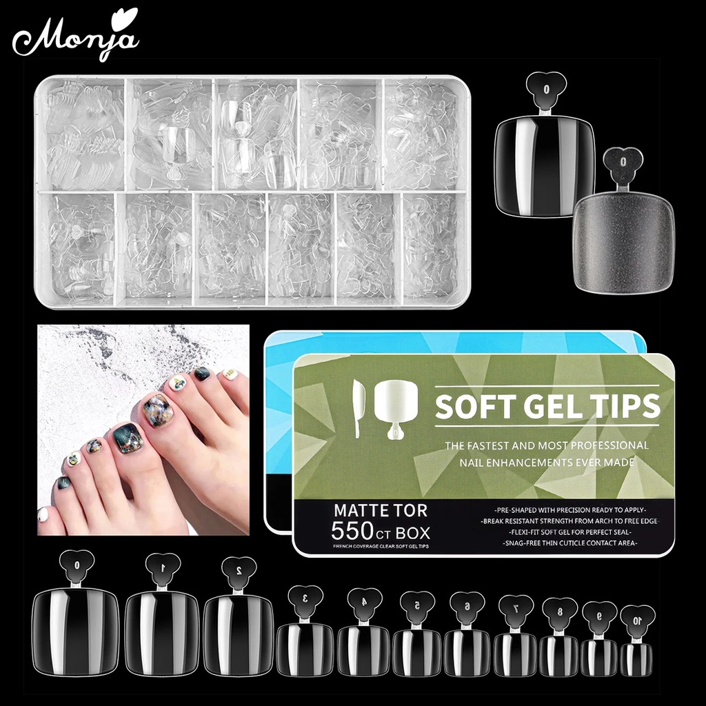 Monja เล็บปลอม แบบใส เนื้อแมตต์ ทรงสี่เหลี่ยม DIY สําหรับตกแต่งเล็บเท้า 550 ชิ้น ต่อกล่อง toenails