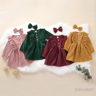 Babygarden-6m-5y เด็กผู้หญิง ผ้าลูกฟูก ทรงเอ แขนยาว คอกลม แต่งระบาย กระดุม ชุดเดรสเจ้าหญิง + ที่คาดผม