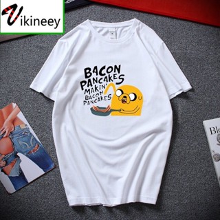 เสื้อยืดผู้ชาย เสื้อยืดแขนสั้น ผ้าฝ้าย พิมพ์ลายแพนเค้ก adventure time jake and finn Bacon สีขาว