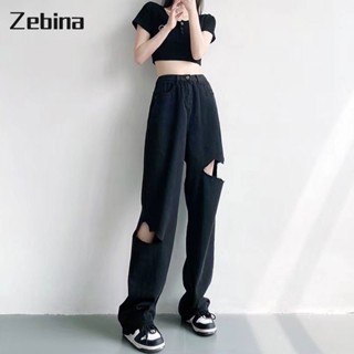 Zebina กางเกงยีนส์สกินนี่เอวสูงสีดำขาดๆแนวๆคนอ้วนหลวมๆกางเกงทรงตรงสบายๆ