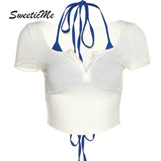 Sweeticme เสื้อยืดคอวี แขนสั้น สีพื้น แฟชั่นใหม่ สําหรับผู้หญิง 2023