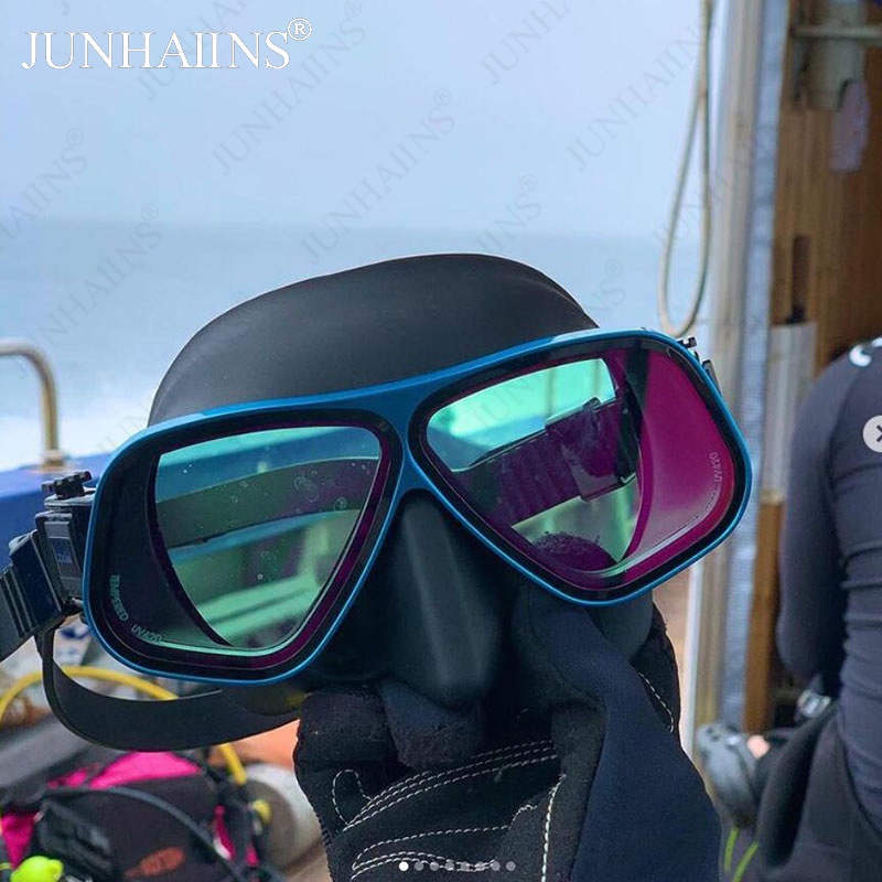 Junhains หน้ากากดําน้ําฟรีผู้ใหญ่ อะลูมิเนียมอัลลอยด์ กระจกเทมเปอร์ พร้อมหลอดหายใจเปียก สําหรับดําน้ําตื้นและดําน้ํา