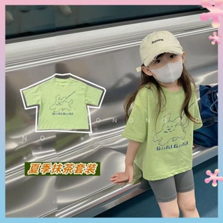 Girls short-sleeved T-shirt summer new female baby half-sleeved cute cartoon printed western style top leggings suit trendy