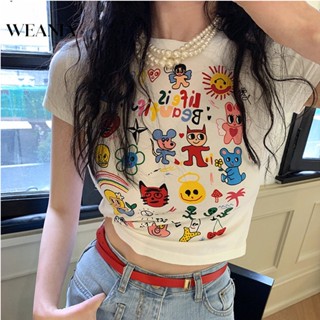 ใหม่ เสื้อยืดลําลอง แขนสั้น พิมพ์ลายการ์ตูนตลกน่ารัก สําหรับสตรี D0301