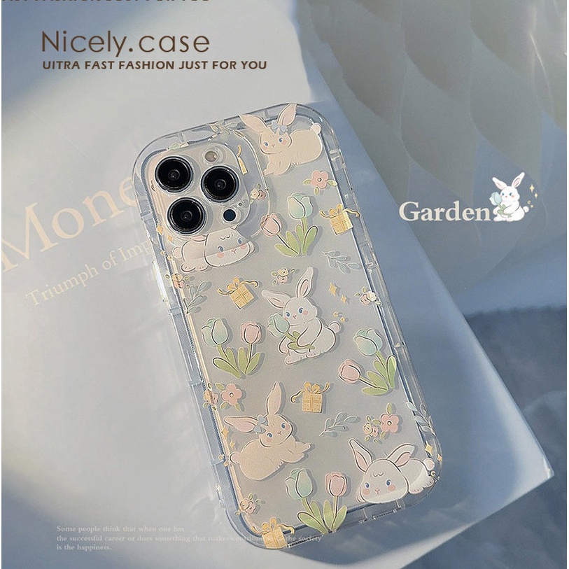 เคสโทรศัพท์มือถือ TPU ใส แบบนิ่ม ลายดอกทิวลิป และกระต่าย กันกระแทก สําหรับ iPhone 15 14 Plus 13 12 11 Pro Max 11pro
