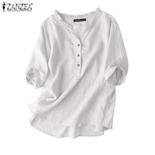 Zanze เสื้อท็อป คอวี แขนห้าส่วน ผ้าฝ้าย ลําลอง สีพื้น สําหรับผู้หญิง