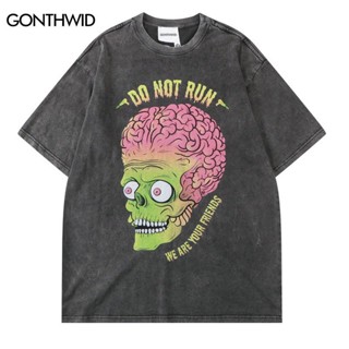 Men Punk T-Shirt Hip Hop Funny Brain Zombie Print Distressed Punk Gothic Tee Shirts Streetwear 2022 Harajuku Casual T Sh