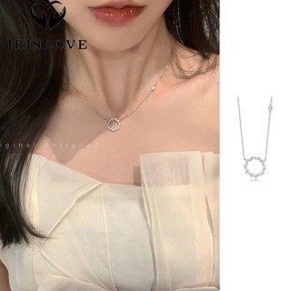 Irislove Korean Silver Shining Crystal Round Pendant Necklace for Women Girl Elegant Zircon Circle Charm Collarbone Chain Necklaces Fashion Jewelry Accessories