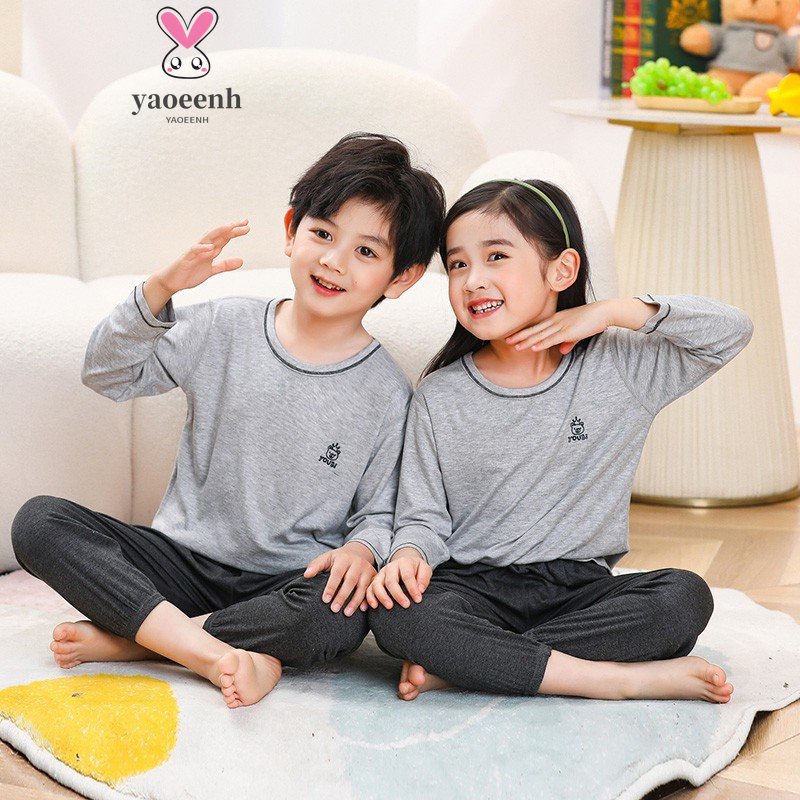 【YAOEENH】110-170 ซม. เด็กผู้ชาย เด็กผู้หญิง การ์ตูน กิริยา เครื่องปรับอากาศ ชุดนอน ขนาดใหญ่ กลาง สีพื้น หลวม แขนยาว กางเกงขายาว สองตัว