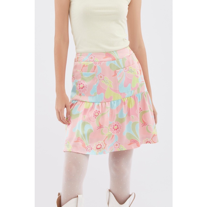 EP กระโปรงพิมพ์ลายดอกไม้ ผู้หญิง สีชมพู | Abstract Floral Print Skirt | 04571