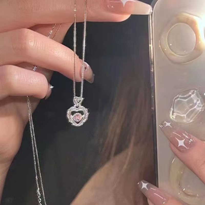 【MHANG】สร้อยจี้หัวใจเพชรแฟชั่น สร้อยคอเพชรหัวใจเงิน สร้อยคอจี้หัวใจเพชรสีชมพู เครื่องประดับ ของขวัญให้แฟน