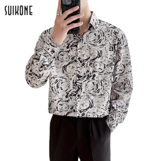 Suikone เสื้อเชิ้ตผู้ชาย เสื้อเชิ้ตคอปก สไตล์เกาหลี ผ้าOxford ลายดอกไม้ 6 สี แขนยาว