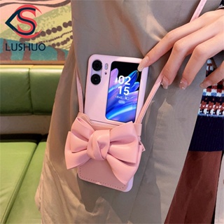 Lushuo เคสโทรศัพท์มือถือหนัง PC ฝาพับ บางมาก พร้อมช่องใส่บัตร และสายคล้อง สีชมพู สําหรับ OPPO Find N2 flip findn2