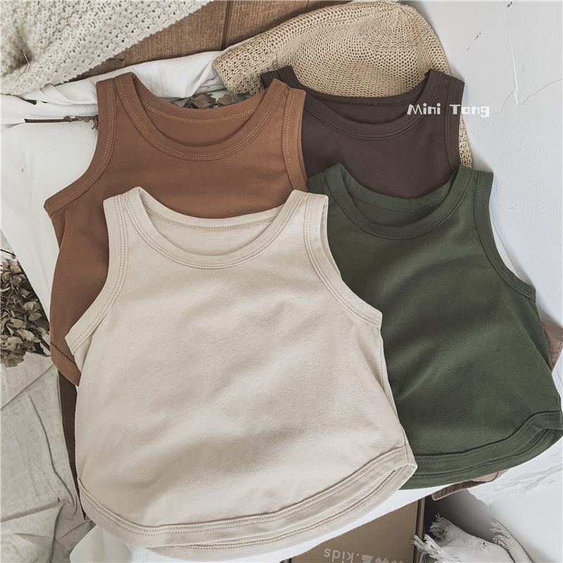 กระดานเกาหลีเด็กผ้าฝ้ายแท้เสื้อกั๊กเด็กชายคอกลมเสื้อยืดแขนกุดด้านบน ส.80-130ซม