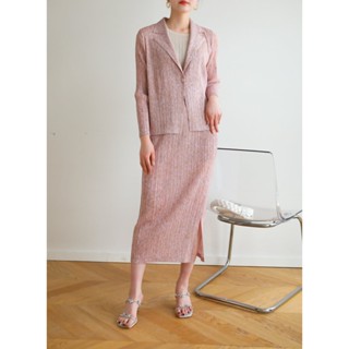 2MUAY PLEAT เซ็ทพลีทคุณภาพ PRINTED COLLAR CARDIGAN WITH SKIRT PLEAT SET 4 สี รุ่น GJO8667-1/GJO9177 FREE SIZE