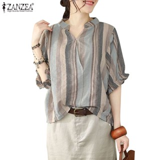 ZANZEA Women Half Sleeve Colorful Striped V-Neck  With Hidden Button Blouses