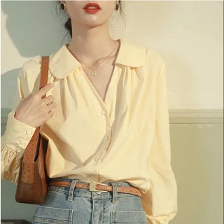 Lantern Sleeve Doll Collar Casual Shirt Womens Blouse French Style Retro Elegant Long Sleeve Top