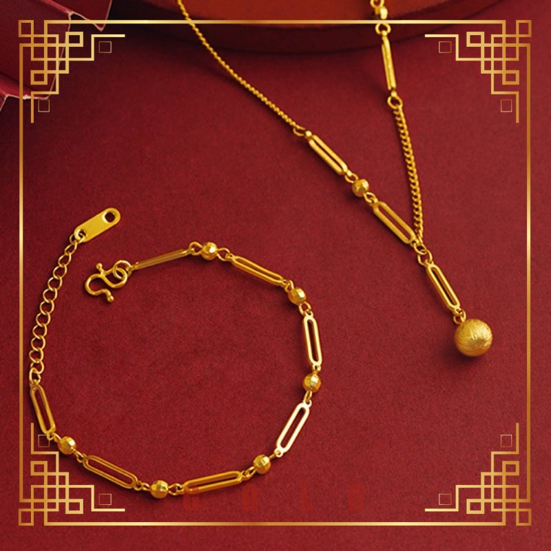 [Lucky K Gold] Au999 สร้อยคอผู้ชายและผู้หญิงทรงกลมจี้ทองชุดเครื่องประดับเรขาคณิต