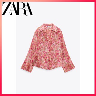 Zara ใหม่ เสื้อเชิ้ต แขนยาว คอปก พิมพ์ลายดอกไม้ สําหรับผู้หญิง