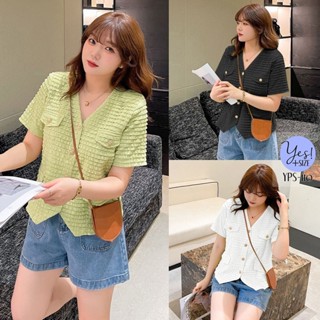 เสื้อแขนสั้นสาวอวบ อก 38-49 นิ้ว ผ้าลูกไม้ระบายเป็นชั้นๆ กระดุมจริง ใส่เป็นเสื้อคลุม Blazer ได้ YPS-110