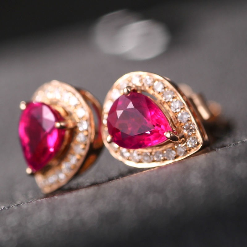 ♥Original ประณีต Water Drop Rose Ruby ต่างหู 18k Rose Gold ต่างหูแฟชั่นเครื่องประดับงานแต่งงาน❤