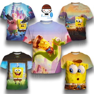 เสื้อยืดแขนสั้น พิมพ์ลายการ์ตูน SpongeBob SquarePants แฟชั่นฤดูร้อน สําหรับเด็กผู้ชาย อายุ 3-12 ปี ให้เป็นของขวัญวันเกิด