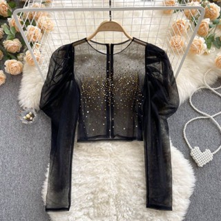 High-end foreign gas heavy industry hot drill pleated bubble sleeve perspective French temperament short style net yarn design sense blouse