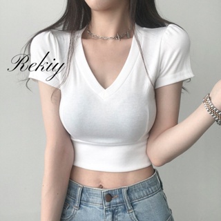 Rekiy ใหม่ เสื้อยืดแขนสั้น คอวี ลําลอง เข้ารูป สีพื้น แฟชั่นสําหรับสตรี 2023