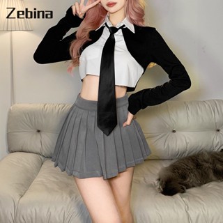 Zebina ใหม่ของผู้หญิงบางเปิดสะดือปกสีคมชัดแขนยาวสองชิ้นปลอมเสื้อยืด