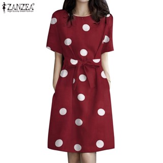 ZANZEA Women Korean Elegant Crew Neck Short Sleeves Polka Dots Non-removable Belt Dress