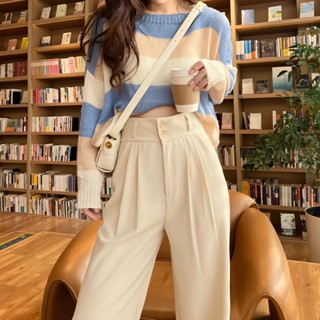 กางเกงขาตรง เอวสูง ทรงหลวม สีเบจ สําหรับผู้หญิง