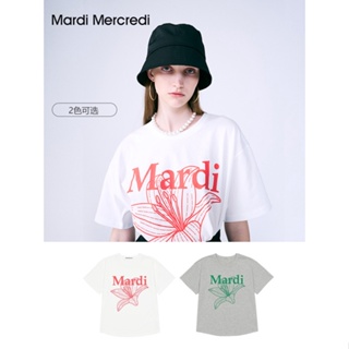 Mardi Mercredi เสื้อยืดแขนสั้น คอกลม ผ้าฝ้าย ทรงหลวม พิมพ์ลายดอกลิลลี่ แฟชั่นฤดูร้อน สไตล์เกาหลี สําหรับผู้ชาย และผู้หญิง