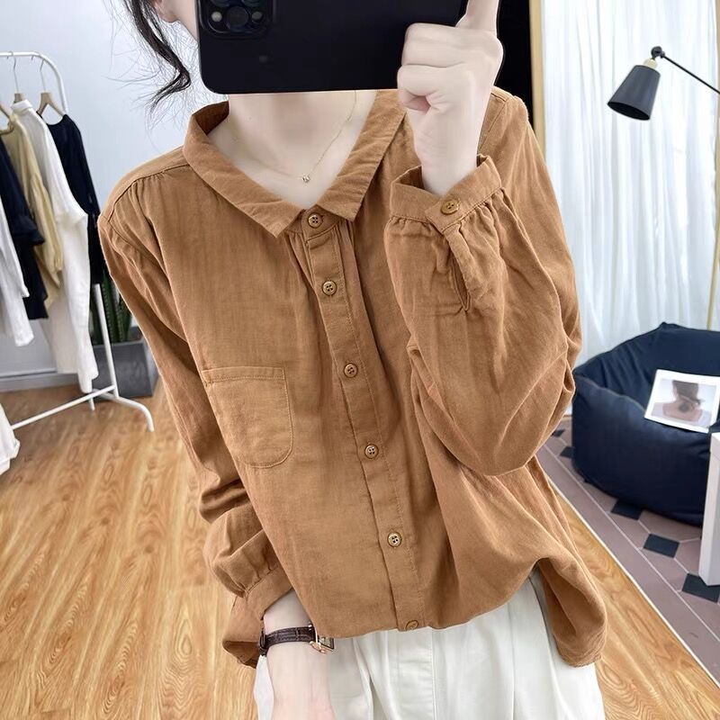 เสื้อเชิ้ตแขนยาว ผ้าฝ้าย และผ้าลินิน ทรงหลวม แฟชั่นฤดูใบไม้ร่วง สไตล์เกาหลี สําหรับผู้หญิง