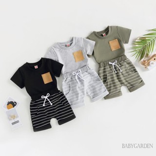 Babygarden-0-3 ปี ชุดเสื้อผ้าเด็กผู้ชาย เสื้อยืดแขนสั้น คอกลม + กางเกงขาสั้น ลายทาง ฤดูร้อน