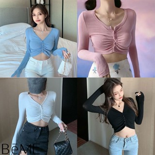 พร้อมส่ง เสื้อครอปเเขนยาว เสื้อครอปเเขนยาวผ้าคอตตอน  เนื้อผ้าดี เสื้อยืดสไตส์เกาหลี  สินค้าราคาถูก