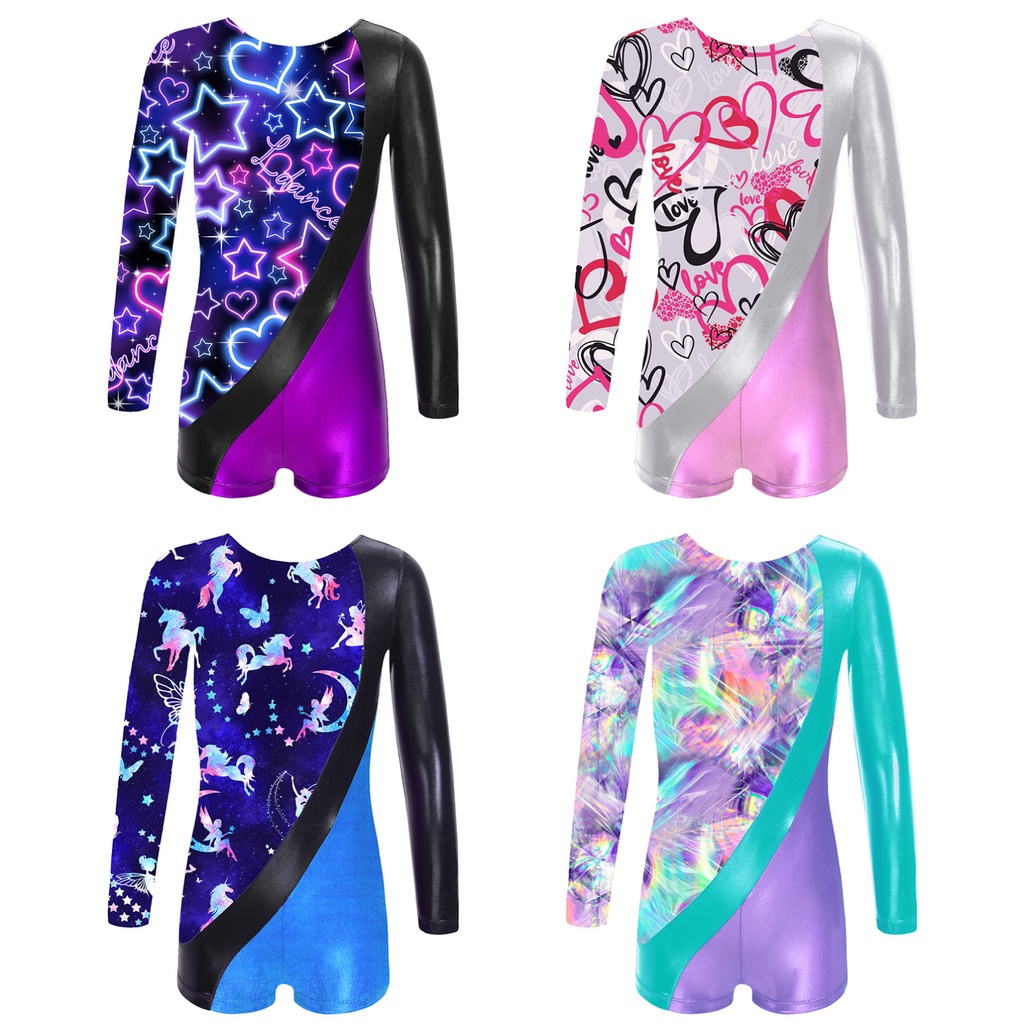 เด็กผู้หญิง Patchwork พิมพ์ยิมนาสติก Leotard คอกลมแขนยาว Boyleg Dance Jumpsuit สําหรับประสิทธิภาพ