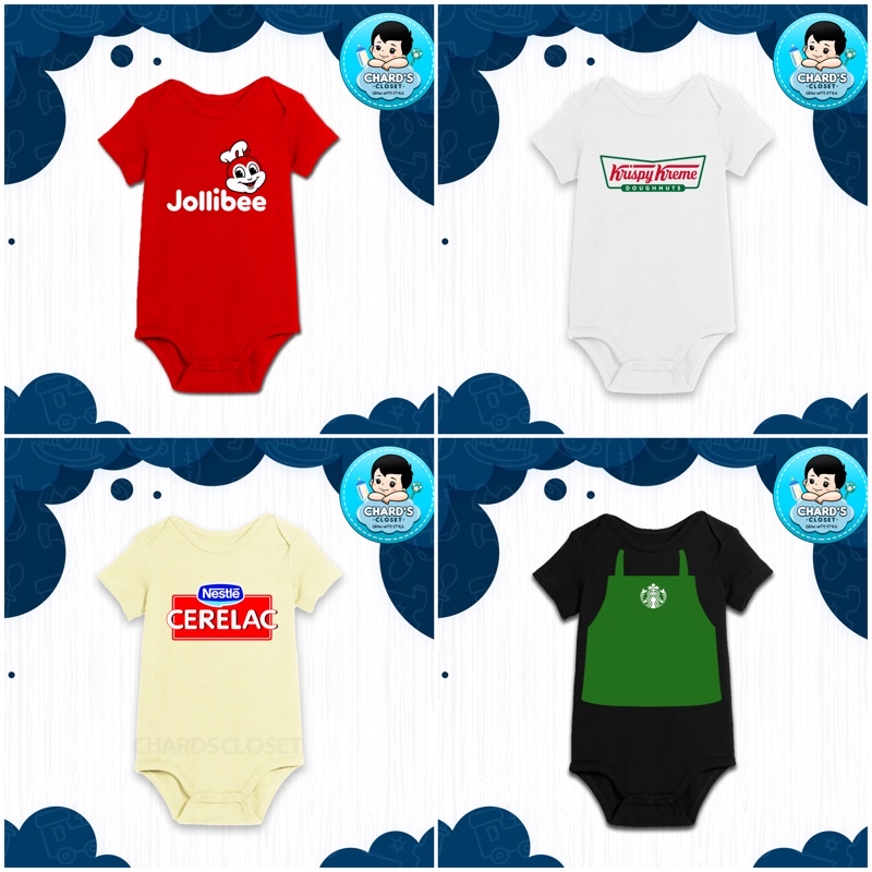 โลโก้อาหารที่กําหนดเองพิมพ์บน Baby Onesie (Jollibee, Krispy Kreme, Celine, Starbucks) EWLA