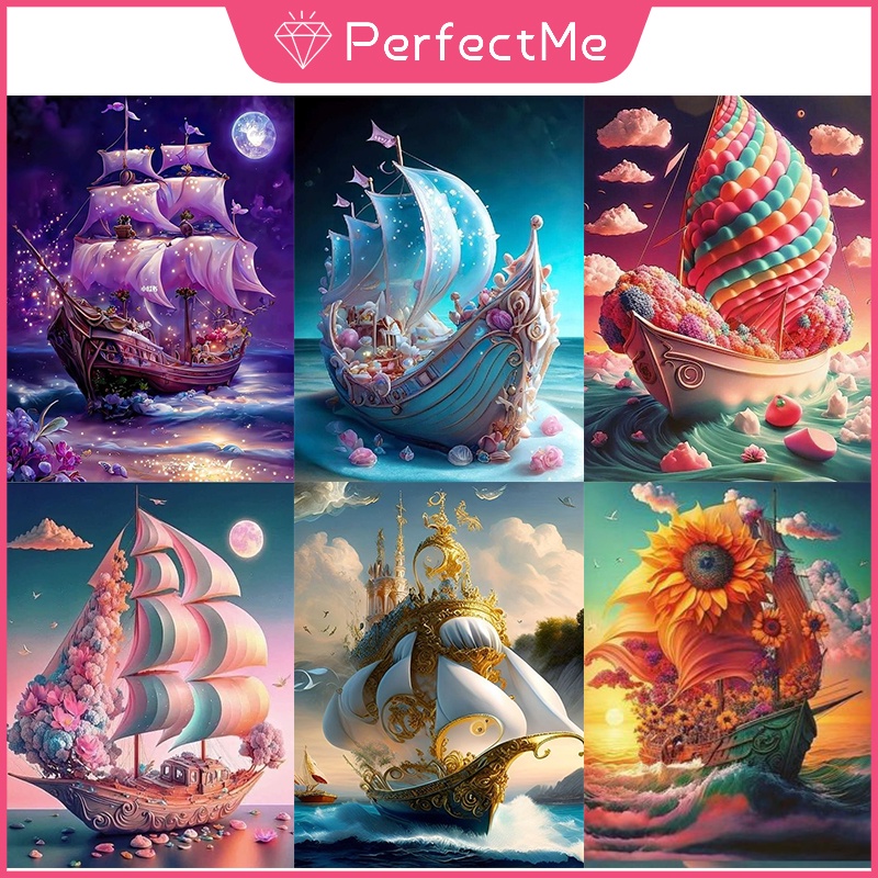 Pm ภาพจิตรกรรมปักครอสสติตช์คริสตัล รูปเรือใบ 5D ขนาด 30x40 ซม. 40x50 ซม. สําหรับตกแต่งบ้าน DIY 风景 5245