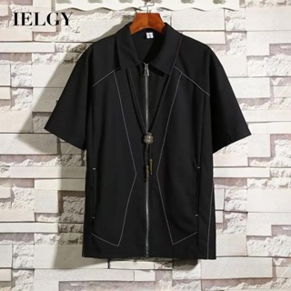 IELGY เสื้อเชิ้ตแขนสั้น ทรงหลวม มีซิป สไตล์เรโทร อเมริกัน สําหรับผู้ชาย