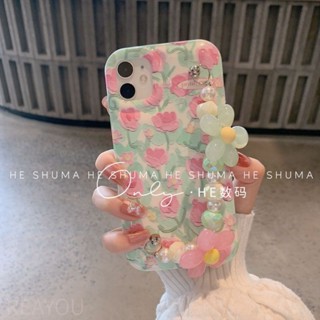 เคสโทรศัพท์มือถือ กันกระแทก ลายดอกไม้ ประดับมุก สีเขียว พร้อมสายคล้องมือ สําหรับ Iphone 13 pro max 12 11 14plus 11promax 13 14plus 12