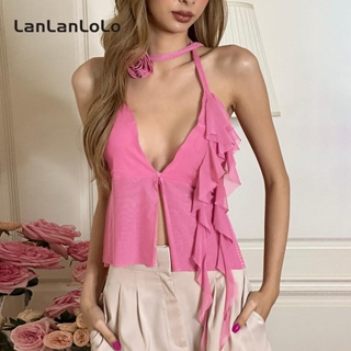 Lanlanlolo เสื้อกล้าม เปิดหลังเซ็กซี่ ลายดอกไม้ สีพื้น แฟชั่นสําหรับผู้หญิง 2023